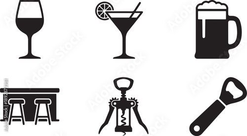 A comprehensive collection of bar and drink related black silhouette icons on a white background Vector