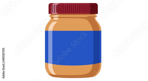 Simple cartoon illustration of a full jar of creamy peanut butter with a blank blue label