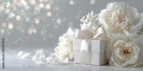 Elegant white gift box with silk ribbon and peonies, perfect for Mother's Day and March 8 greetings.