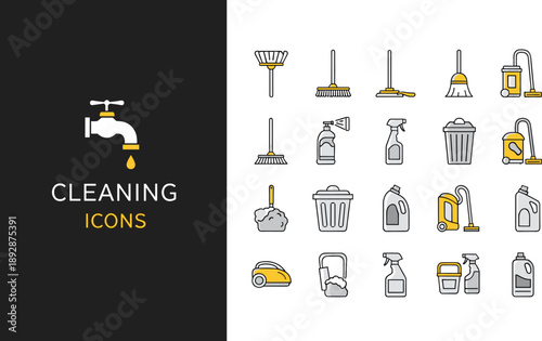 Professional cleaning and housekeeping line icon set featuring vacuum cleaners, spray bottles, garbage bins, brooms, detergent containers, and sanitary service equipment symbols for design.