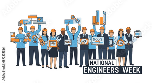 Illustration of engineers and people holding various elements and machines to celebrate National Engineers Week in America with a vector style and a mix of blue, orange, and white colors.