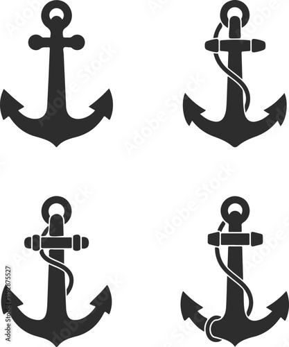 Collection of four nautical anchor silhouettes and icons