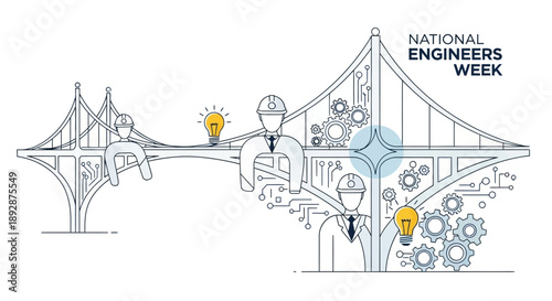 Vector illustration of engineers working on a bridge with machine elements, celebrating National Engineers Week in America.