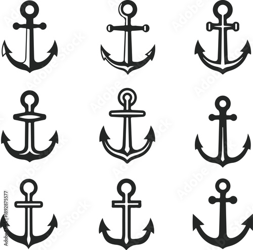 Set of nine different black anchor icons and silhouettes