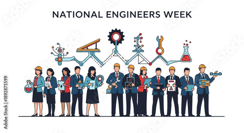 Illustration of diverse engineers and elements for National Engineers Week in America, celebrating technology and innovation with various machine and factory components.