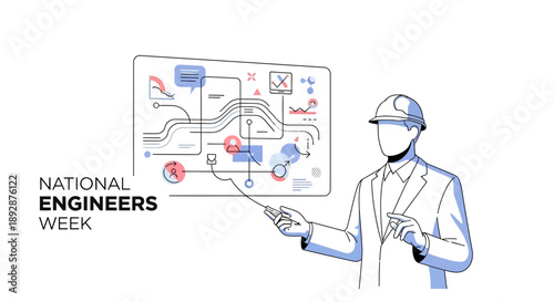 An engineer in a hard hat presents a technical diagram for National Engineers Week in a factory setting with various machine elements.