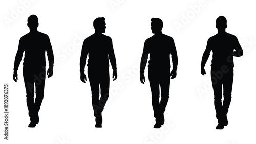 Four silhouetted figures of men walking forward in a linear arrangement