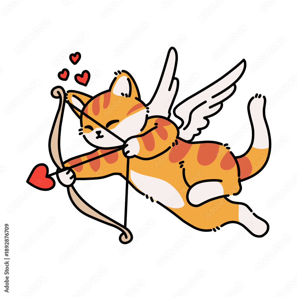 Naklejka premium Cupid cat in color with wings and hearts, representing romance and love in a playful cartoon illustration style.