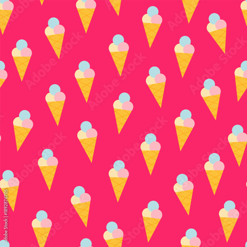 Ice cream on a pink background, summer seamless pattern. Ornament for fabric, clothing, textiles, surface textures, wrapping paper, and scrapbooking. Vector illustration.