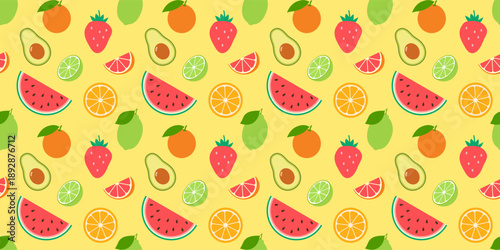 Lime, avocado, watermelon, orange, strawberry, and grapefruit on a green background, summer seamless pattern. Ornament for fabric, clothing, textiles, surface textures, wrapping paper.