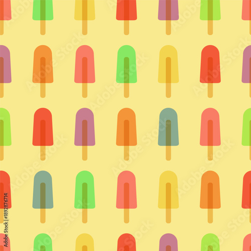 Popsicle on a yellow background, summer seamless pattern. Ornament for fabric, clothing, textiles, surface textures, wrapping paper, and scrapbooking. Vector illustration.