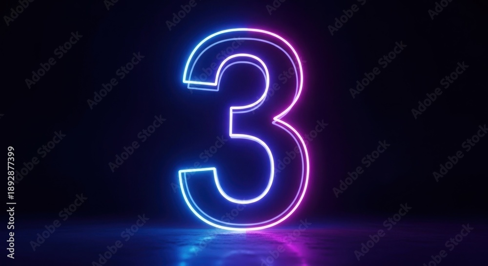 Naklejka premium Glowing neon number 3, outlined in blue and pink, on a dark reflective surface