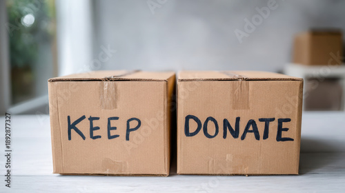 Wallpaper Mural Minimalist decluttering routine with two cardboard boxes labeled "KEEP" and "DONATE" on a clean white background in a bright indoor space Torontodigital.ca