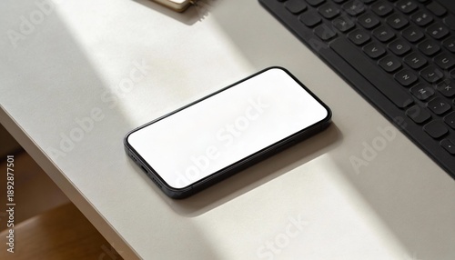Mobile Phone Mockup on Modern Office Wooden Table Top View