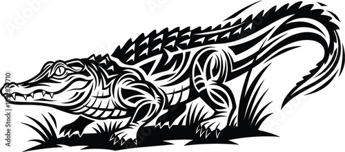 Detailed Crocodile Illustration Vector with Tribal Patterns and Sharp Teeth for Wildlife Nature Predator Reptile and Animal Mascot Logo Design
