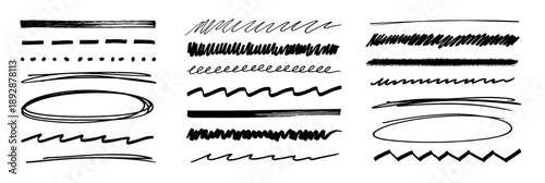 Hand Drawn Highlighters, Brush Strokes and Underline Mark Set. Black hand-drawn marker and highlighter lines set: underlines, circles, zigzags, dots, and brush strokes. Vector set 