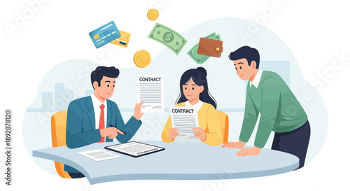 Business professionals collaborating around a table with financial documents and currency floating above in a modern office environment viewed from above