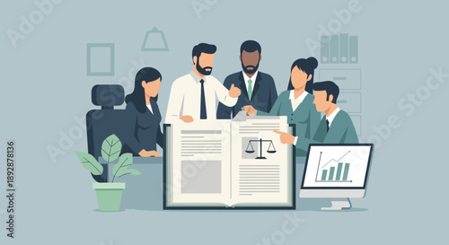 Business professionals collaborating around a large document discussing charts and graphs in a modern office environment from a slightly elevated viewpoint