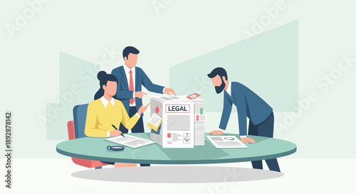 Professionals collaborating around a table reviewing documents and discussing legal matters in a modern office environment from an overhead viewpoint