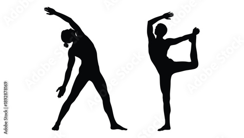 Silhouettes of a woman demonstrating two different yoga poses against a white background