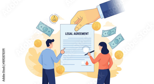 Two individuals reviewing a legal document with a magnifying glass and financial elements surrounding them