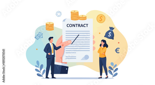 Business professionals discussing contract details near a large document illustration surrounded by financial symbols and currency signs