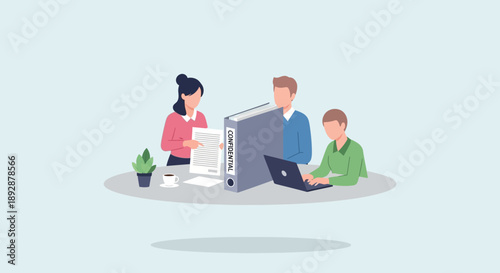 Office workers collaborating on a project with documents and laptop in a modern workspace from an aerial view