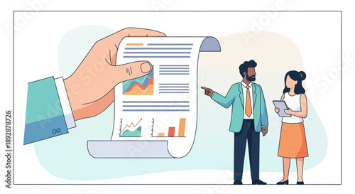 Professional duo analyzing graphic document with charts and graphs held by a hand in a modern office setting illustration