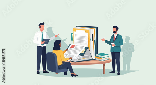 Professionals collaborating around a table with documents and digital screens in a modern office environment from a slightly elevated viewpoint