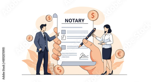 Man and woman signing notary document together with financial symbols surrounding them in an office environment from a straightforward viewpoint