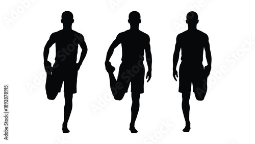 Three silhouetted figures of men in dynamic running or stretching poses