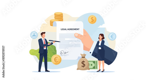 Business professionals exchanging a signed legal agreement document with money nearby