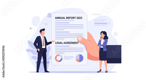 Business Professionals Reviewing Annual Report and Legal Agreement Documents in a Modern Office Environment