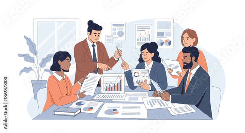 A group of professionals engaged in a meeting around a table with documents and graphs in a modern office setting from a high viewpoint.