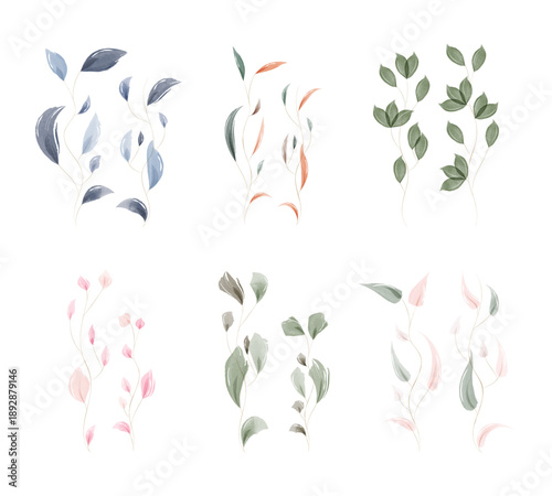 Six unique watercolor leaf arrangements display a variety of botanical elements. Delicate stems and soft color palettes including blue, green, pink, and brown create a natural decorative set.