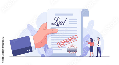 Hand holding a confidential document with two people discussing in the background, illustrating a business agreement or contract signing