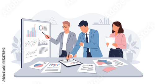 Business professionals collaborating around a table with charts and graphs displayed on a screen