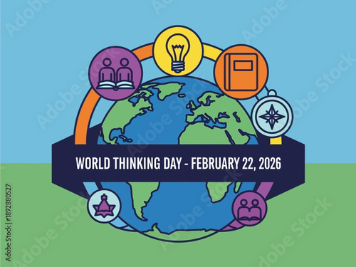 Vibrant World Thinking Day graphic with globe and icons