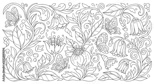 Intricate Floral and Butterfly Garden Coloring Page with Elegant Swirls and Blooms