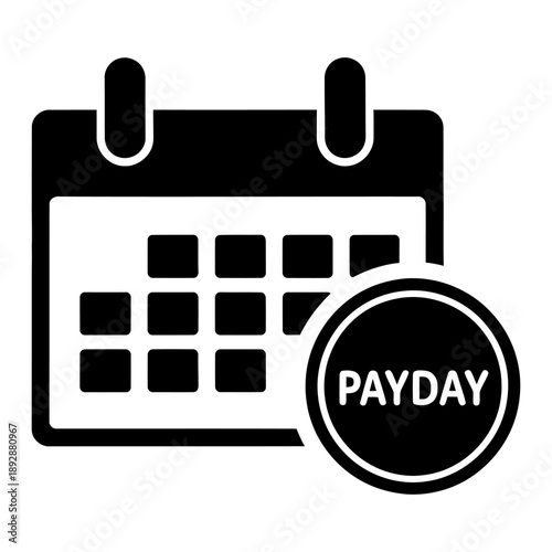 Black and white vector icon illustrating a calendar with a 'PAYDAY' badge, symbolizing salary day, payroll schedule, financial planning, and monthly income reminder in a flat, minimalist style.