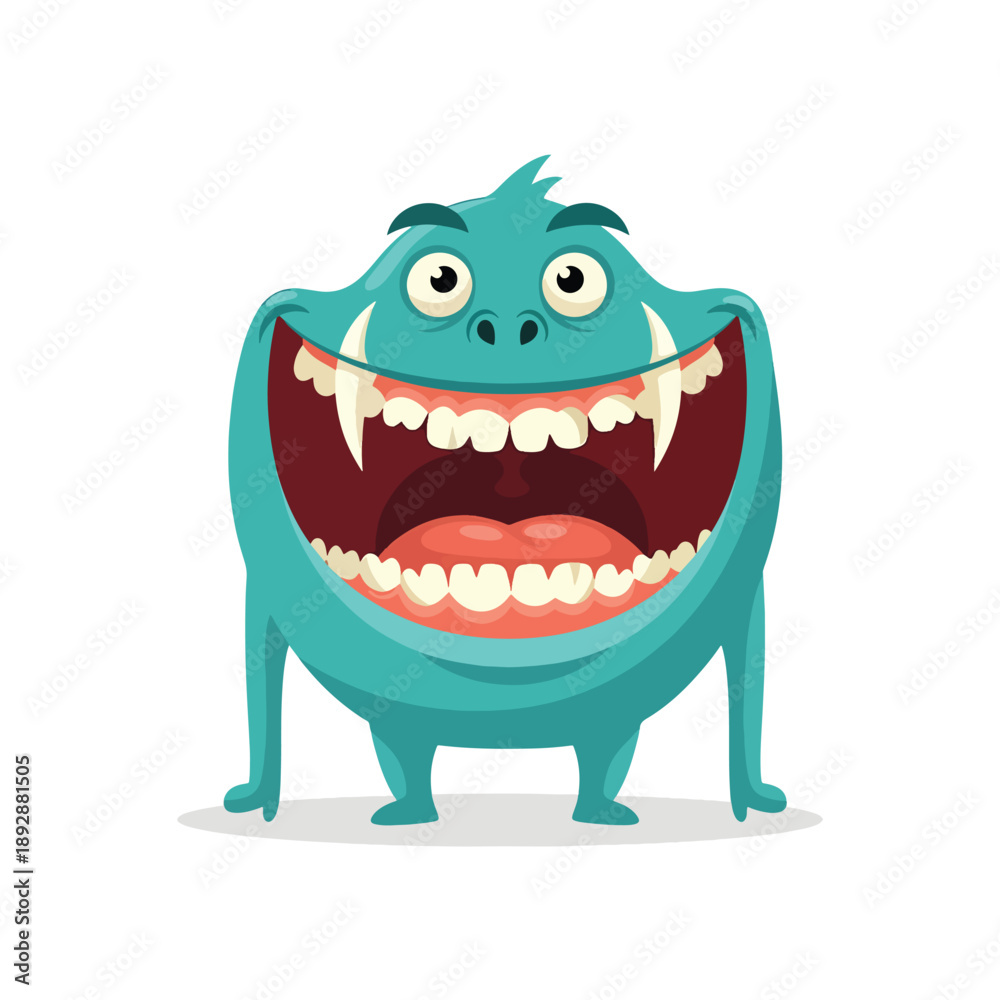 Fototapeta premium Cheerful cartoon monster with a wide, happy grin and sharp fangs, isolated vector illustration on white background