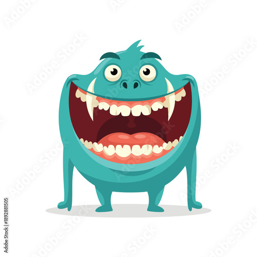 Cheerful cartoon monster with a wide, happy grin and sharp fangs, isolated vector illustration on white background