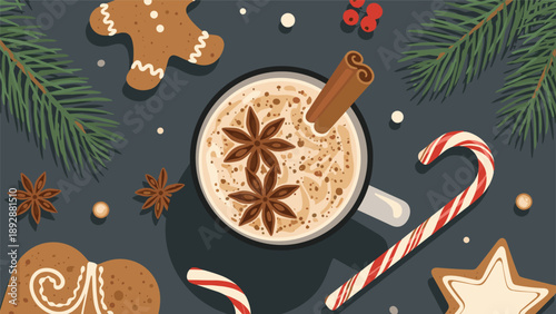 Top view of a cozy winter beverage with star anise, cinnamon sticks, gingerbread cookies, candy canes, and pine branches.