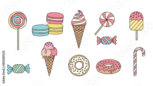 Collection of sweet treats like lollipops, macarons, ice cream cones, popsicles, donuts, and candy canes in pastel colors.