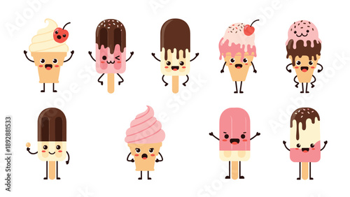 Set of adorable ice cream and popsicle characters with various expressions and cute faces on a plain white background.
