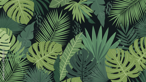 Tropical jungle foliage pattern with various monstera and palm leaves in multiple shades of green for natural backgrounds.