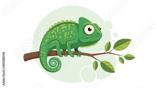 Cute green chameleon character sitting calmly on a tree branch with leaves inside a soft green circular background spot.