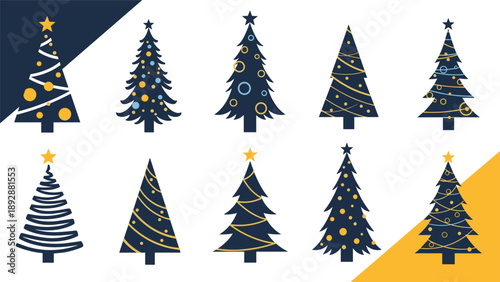 Selection of dark blue Christmas tree silhouettes decorated with yellow stars and various geometric patterns and shapes.