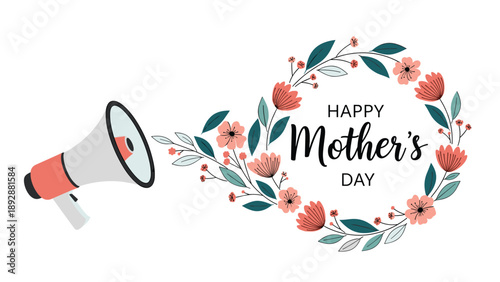Decorative megaphone for Happy Mother Day celebration featuring a whimsical floral arrangement of pink blooms and leaves.