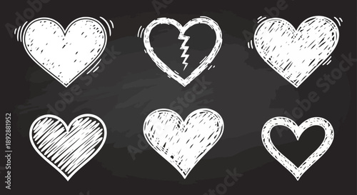 Collection of Hand Draw Hearts on Blackboard Background Illustrating Emotions and Love